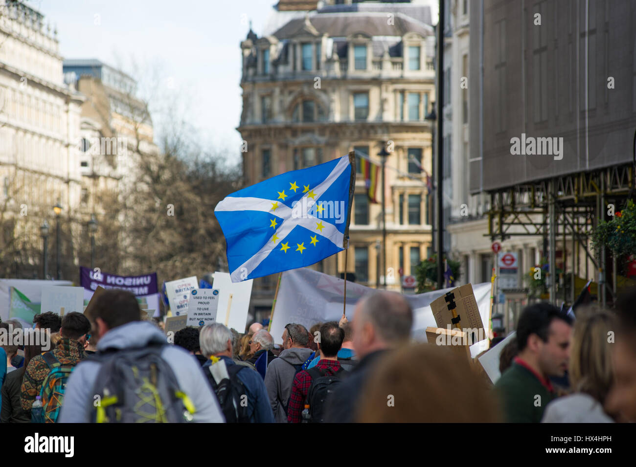 London, England, UK.  25th March 2017.Supporters of the EU marched through London and gathered at Westminster to protest against Brexit. Andrew Steven Graham/Alamy Live News Stock Photo