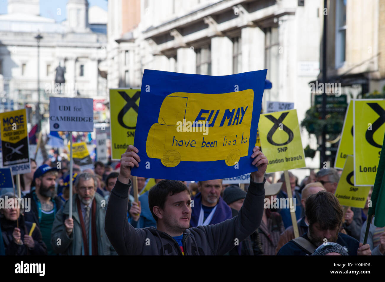London, England, UK.  25th March 2017.Supporters of the EU marched through London and gathered at Westminster to protest against Brexit. Andrew Steven Graham/Alamy Live News Stock Photo