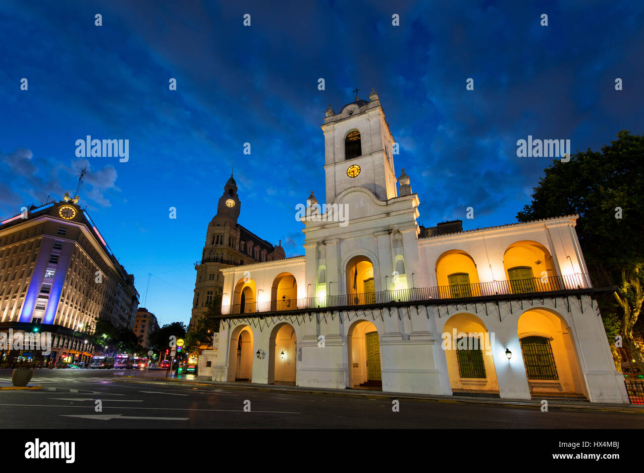 View of the Cabildo at night from Plaza de Mayo. Buenos Aires, Argentina. Stock Photo