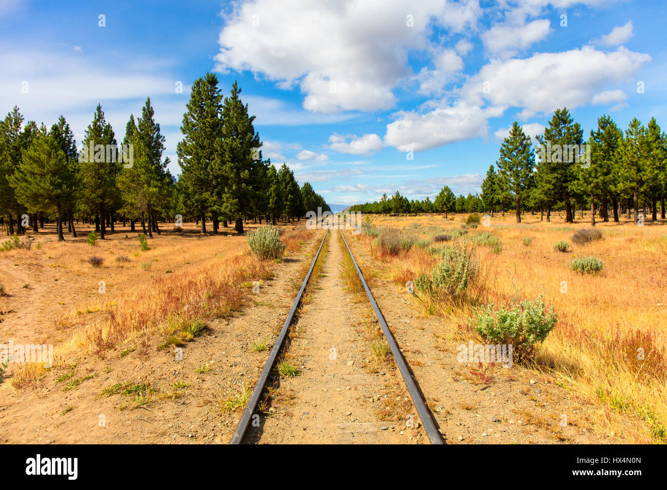 Railway track in El Maitén. Chubut, Patagonia, Argentina. Stock Photo