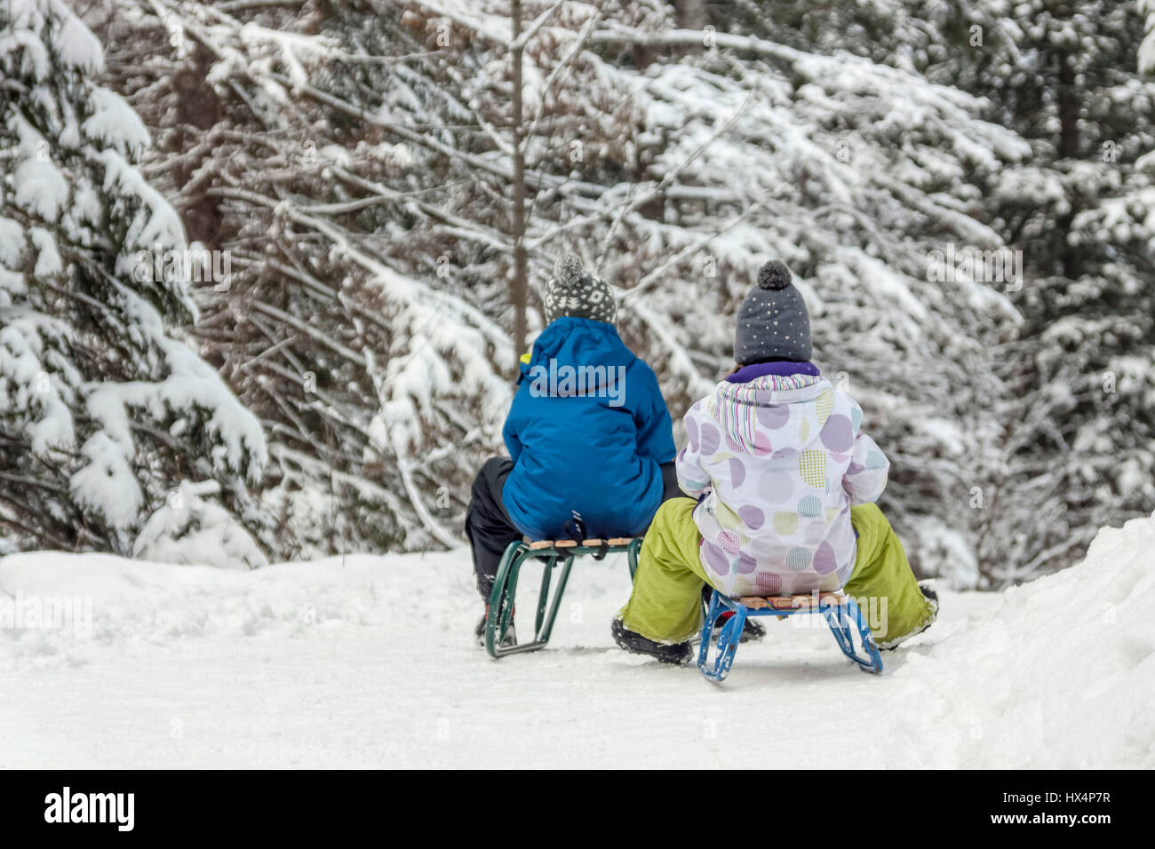 Children riding their sleds in Strazyska valley near Zakopane, Poland
