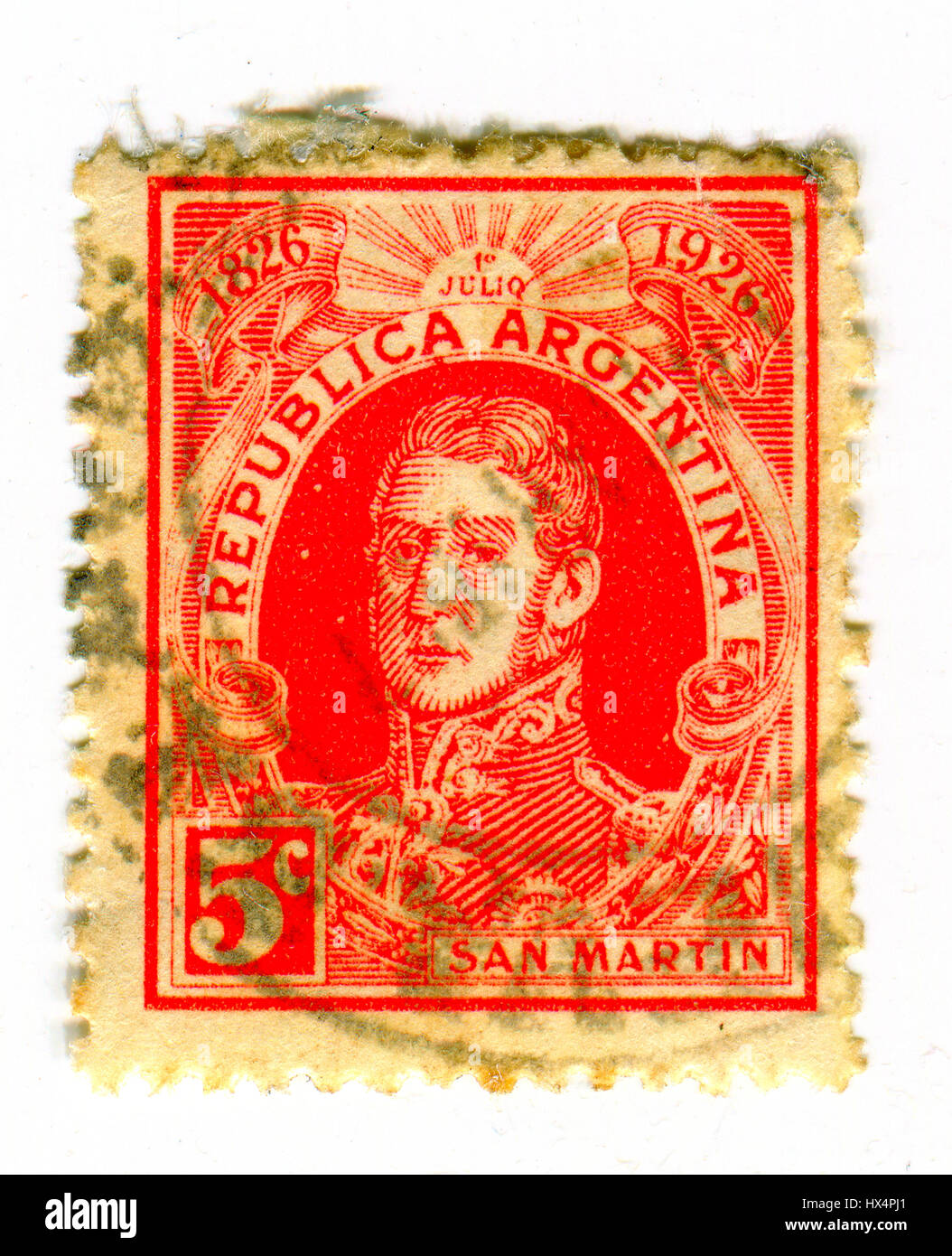 GOMEL, BELARUS, 23 MARCH 2017, Stamp printed in Argentina shows image of theJose Francisco de San Martin y Matorras, was an Argentine general and the  Stock Photo