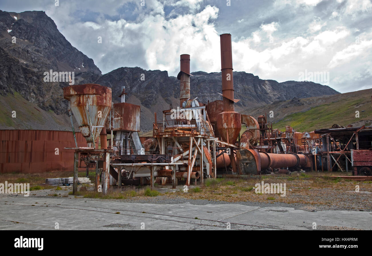 Remains of previous Whaling Station at Grytviken Harbour, South Georgia Stock Photo
