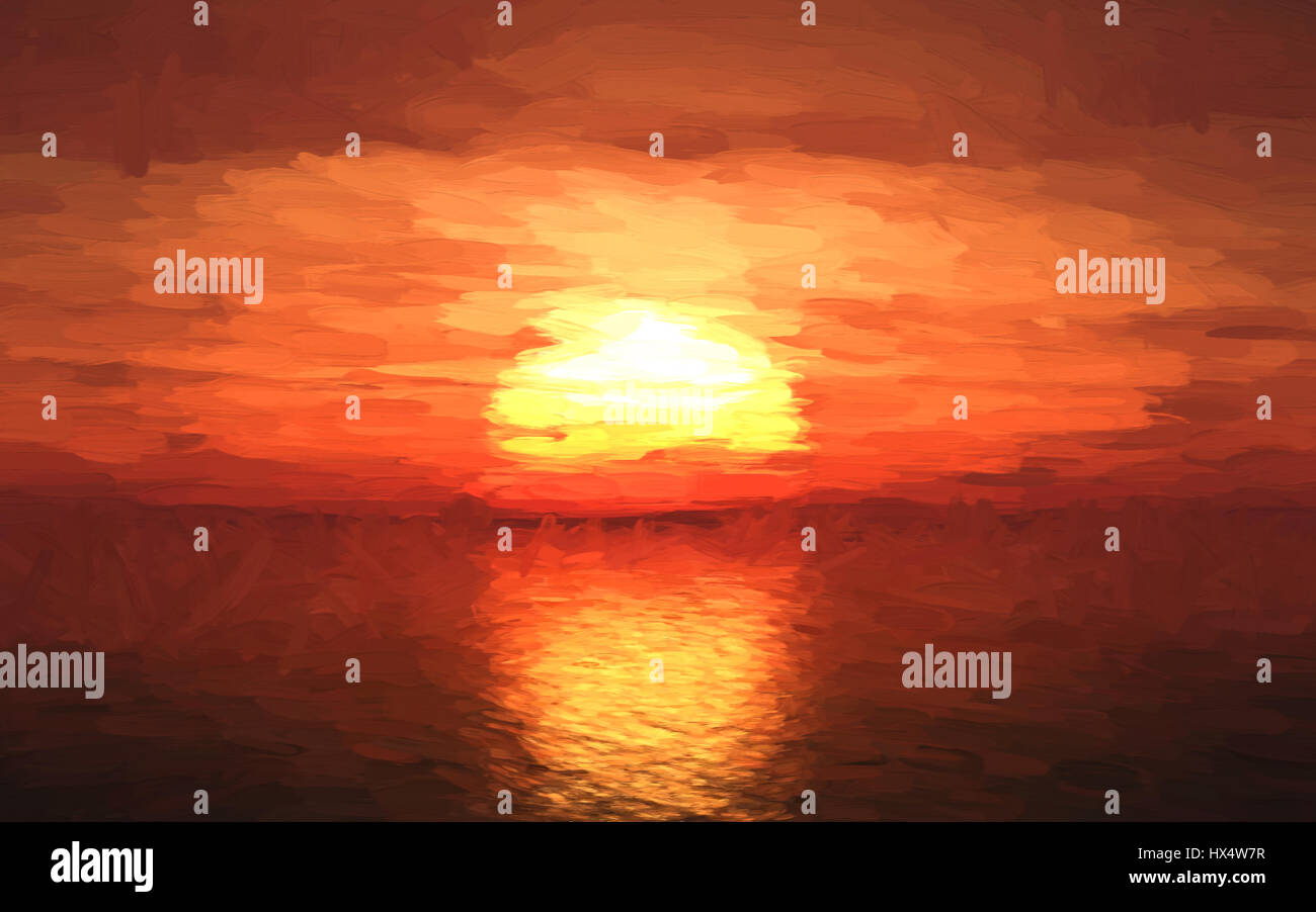 Oil painting of the sun setting over the ocean Stock Photo