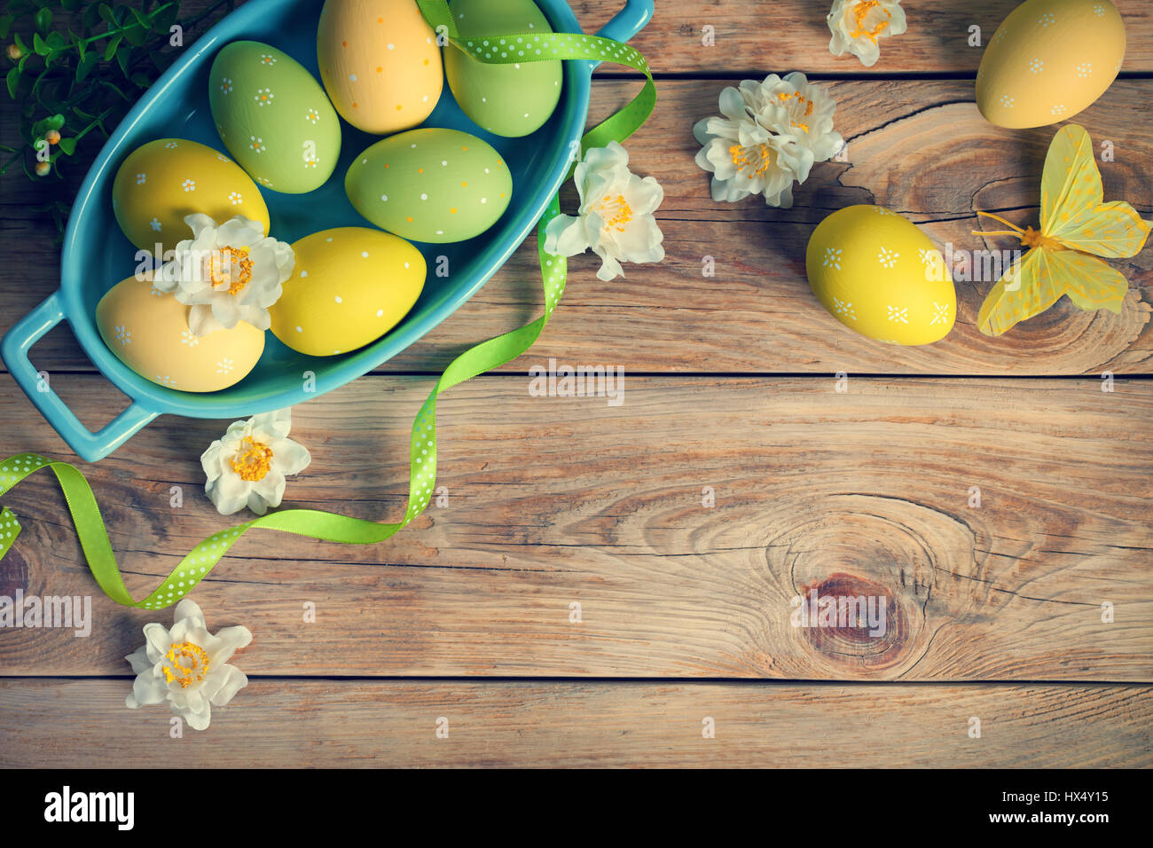 Easter background with Easter eggs. Top view. Copy space Stock Photo