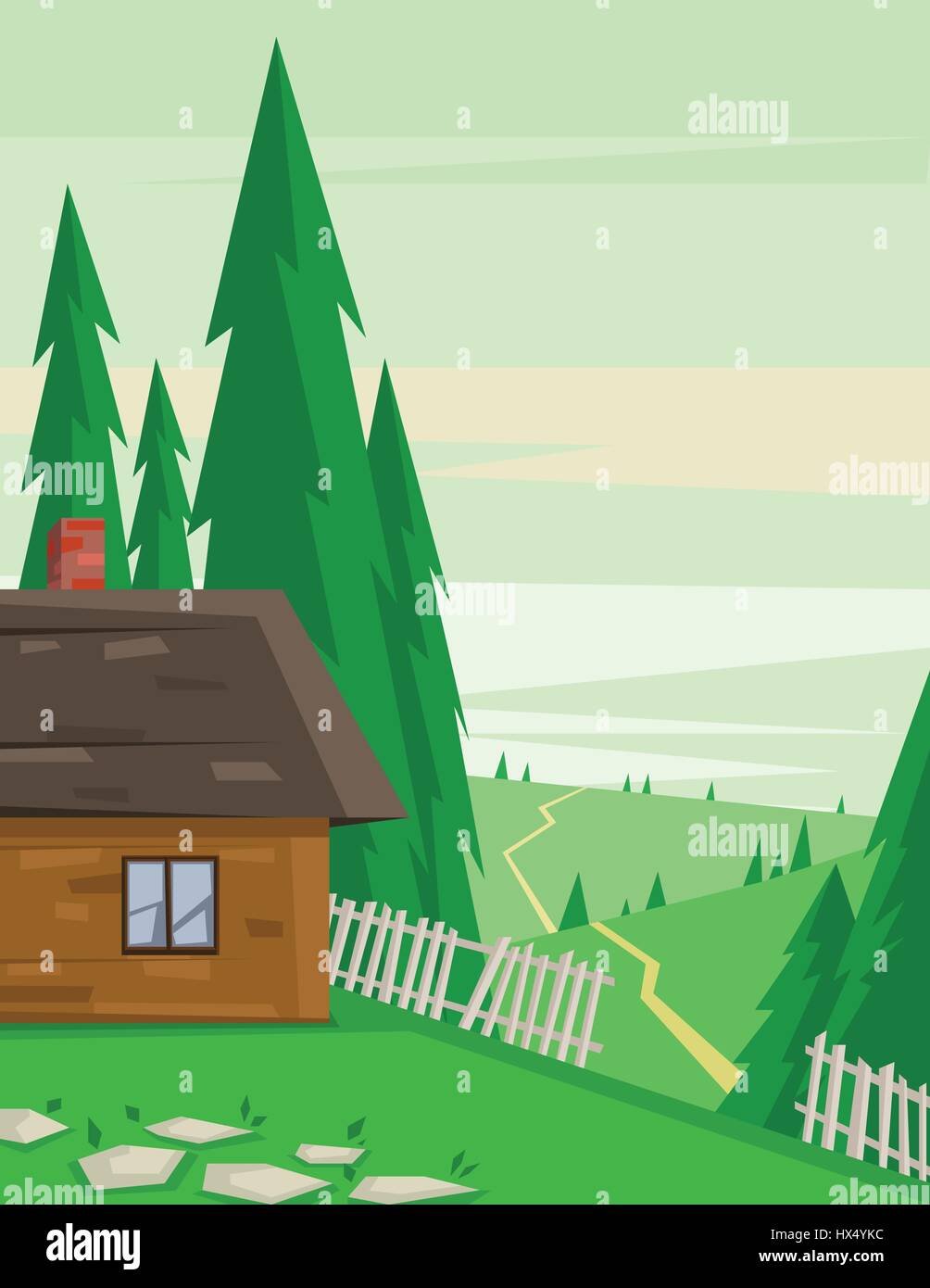 Digital vector abstract background with a house in the forest with ...