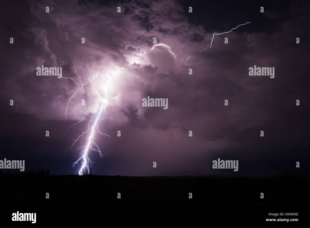 A powerful lightning bolt lights up a storm the night sky Stock Photo ...