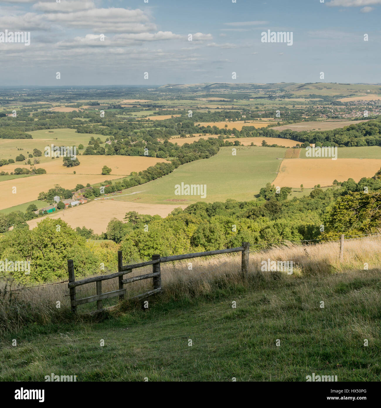 Looking east over the South Downs National Park from Chanctonbury Ring in West Sussex, England, UK. Stock Photo