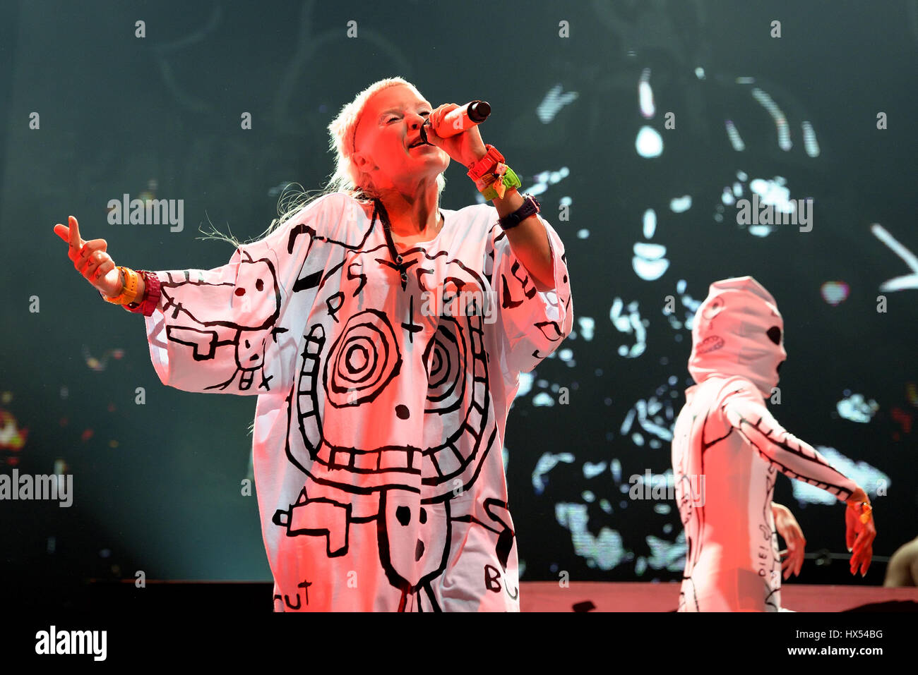 BARCELONA - JUN 19: Die Antwoord (rap rave band) in concert at Sonar Festival on June 19, 2015 in Barcelona, Spain. Stock Photo