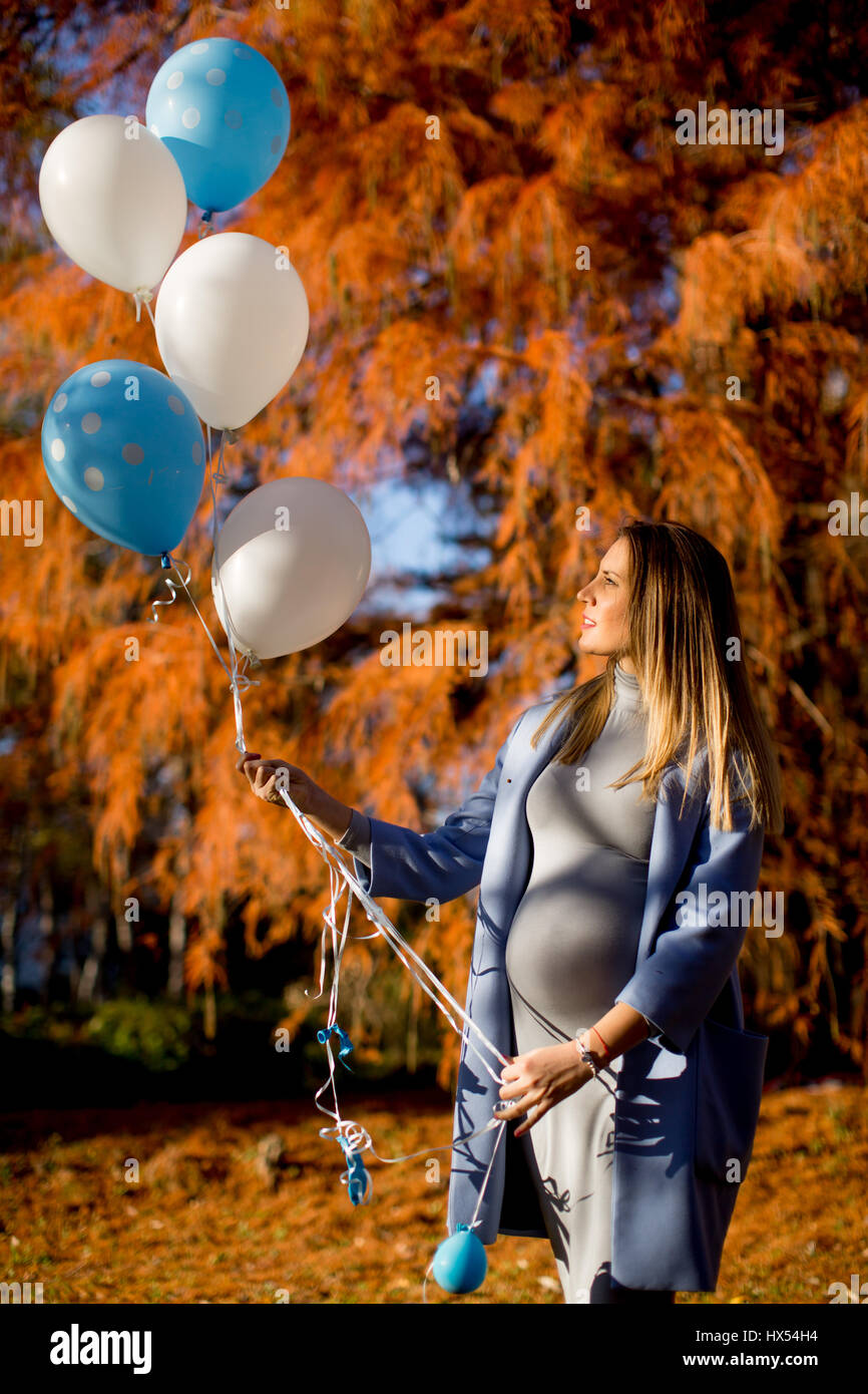 Young pregnant woman walks in autumn park with balloons in hand Stock ...