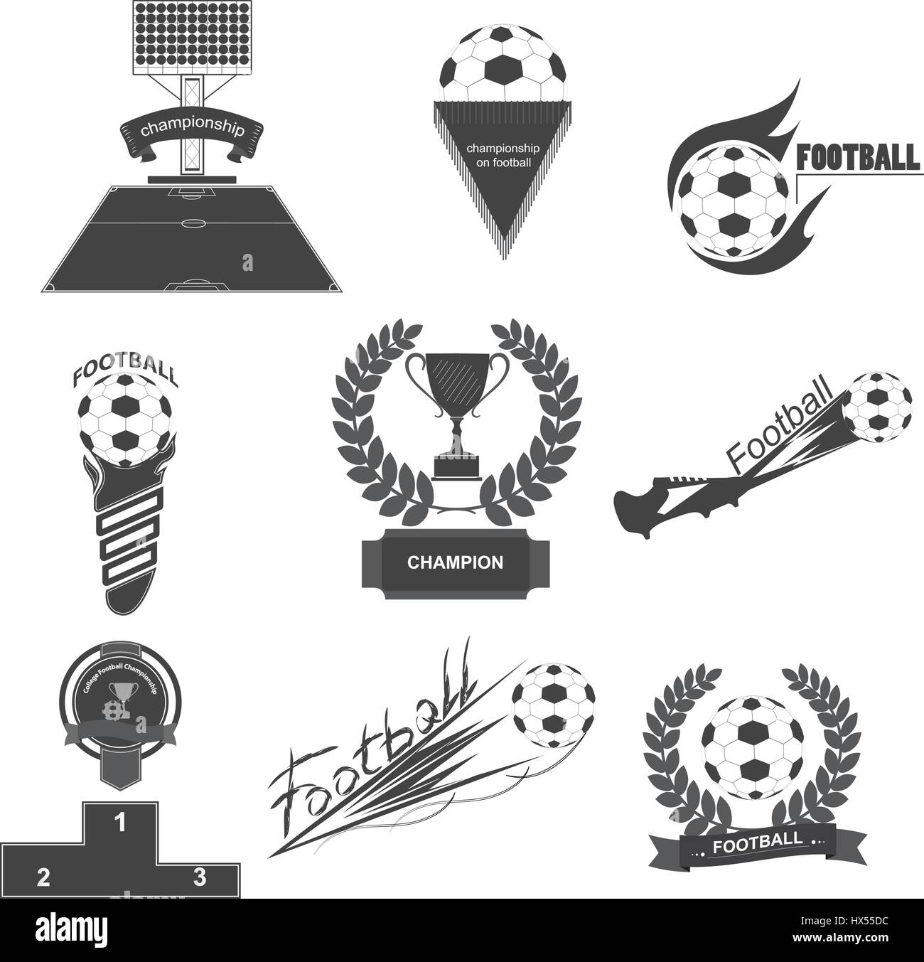 A set of vector logos of football, soccer ball, black color,icons on the football theme,sports set icons,sports icon set for soccer tournament Stock Vector