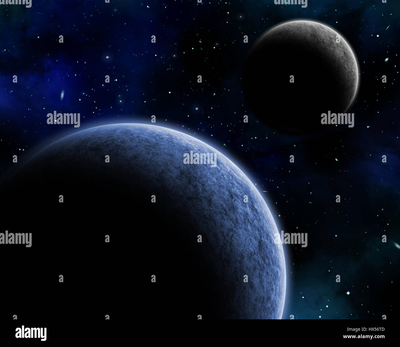 3D space background with fictional planets in a night sky Stock Photo