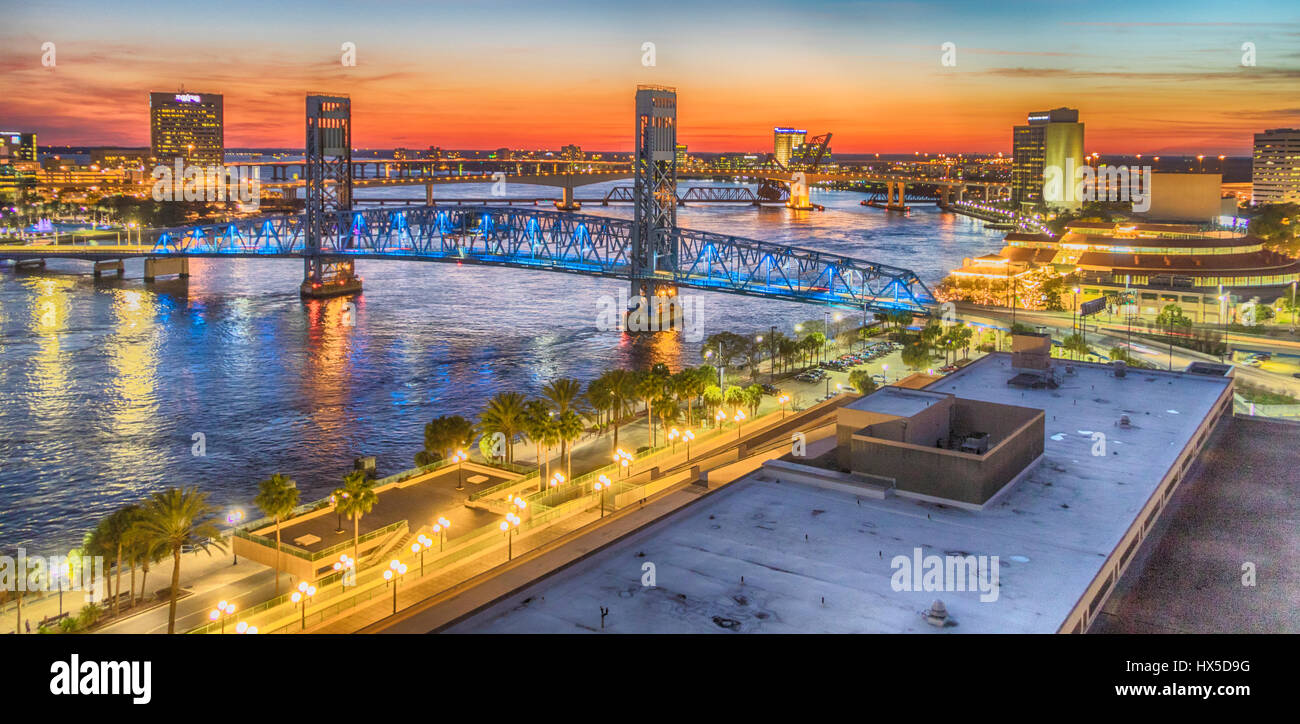 Downtown Jacksonville, Florida on the St Johns River at night. Stock Photo