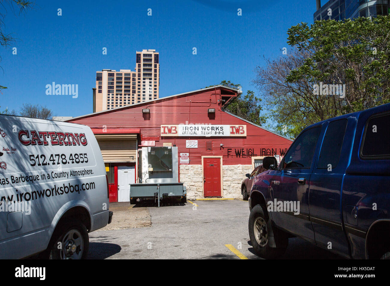 Iron Works BBQ in downtown Austin, Texas, seen from Cesar Chavez St Stock Photo Alamy