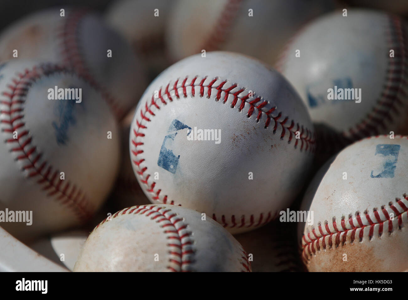 Baseball Balls of Major League Baseball in Training Royals of Kansas City r at the Surprise Recreation Complex of Arizona. Stock Photo