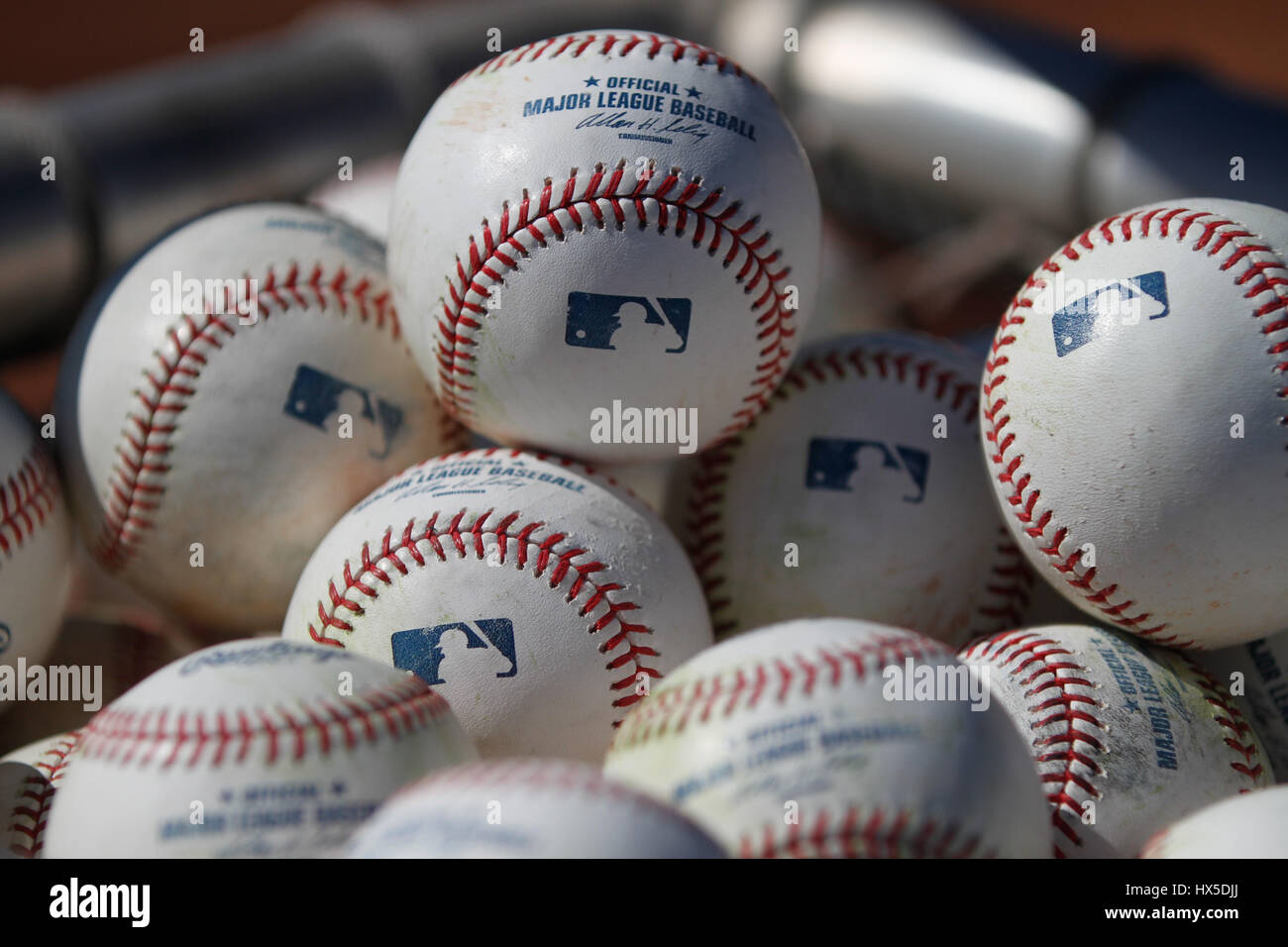 Baseball Balls of Major League Baseball in Training Royals of Kansas City r at the Surprise Recreation Complex of Arizona. Stock Photo