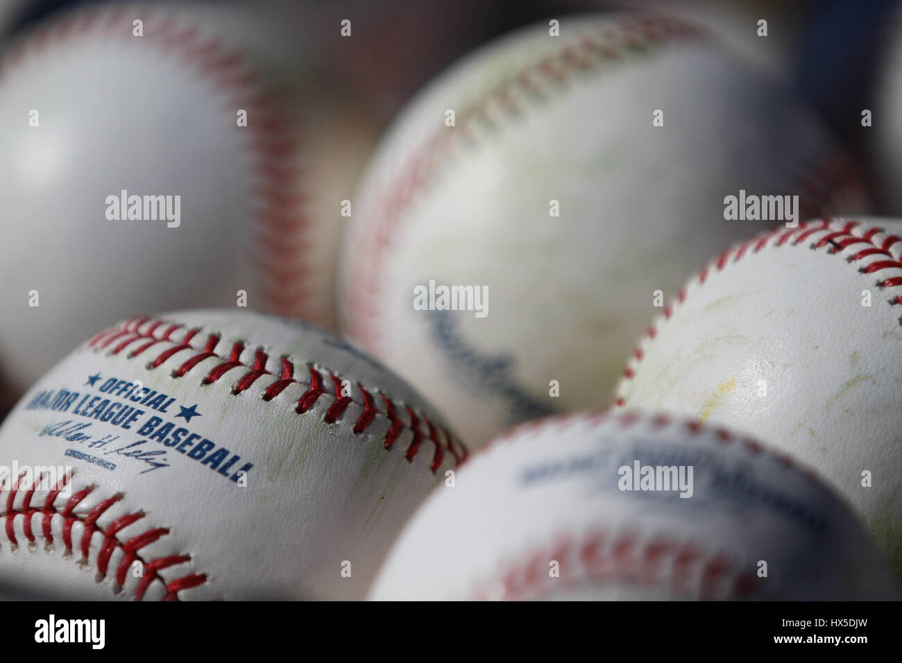 Baseball Balls of Major League Baseball in Training Royals of Kansas City r at the Surprise Recreation Complex of Arizona. Stock Photo