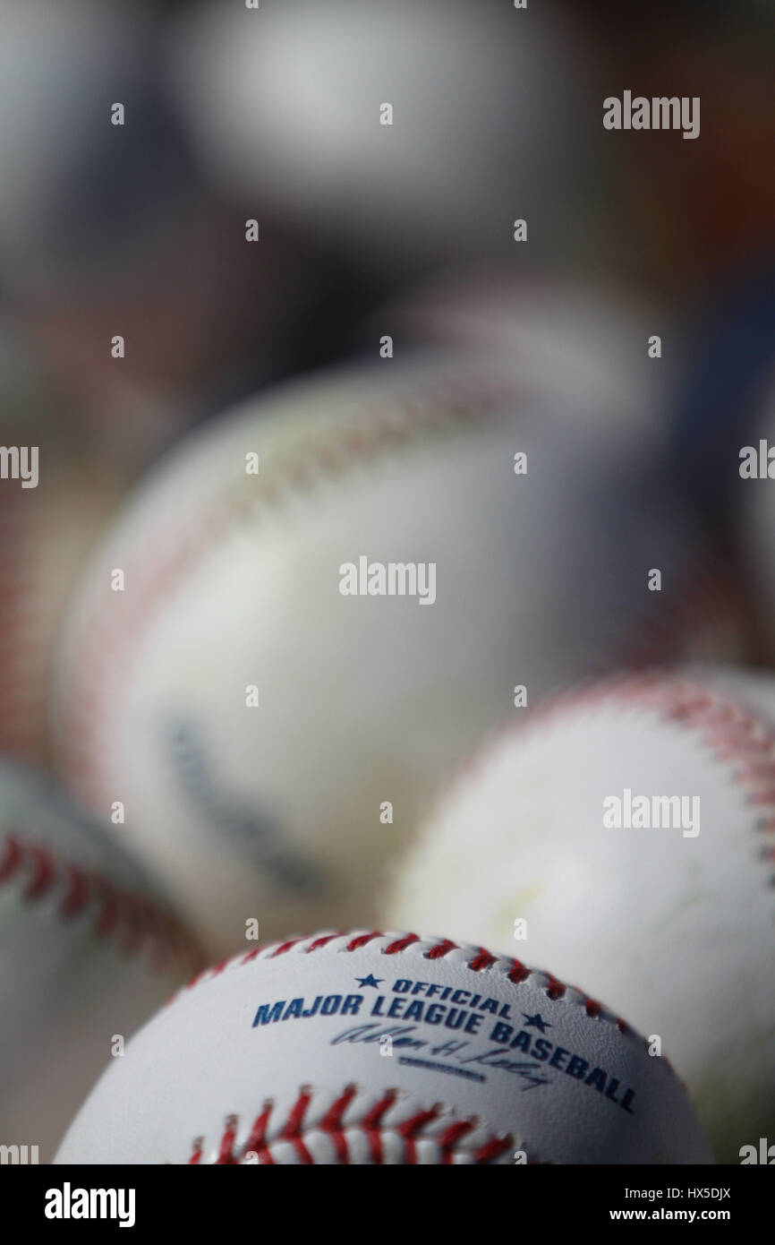 Baseball Balls of Major League Baseball in Training Royals of Kansas City r at the Surprise Recreation Complex of Arizona. Stock Photo