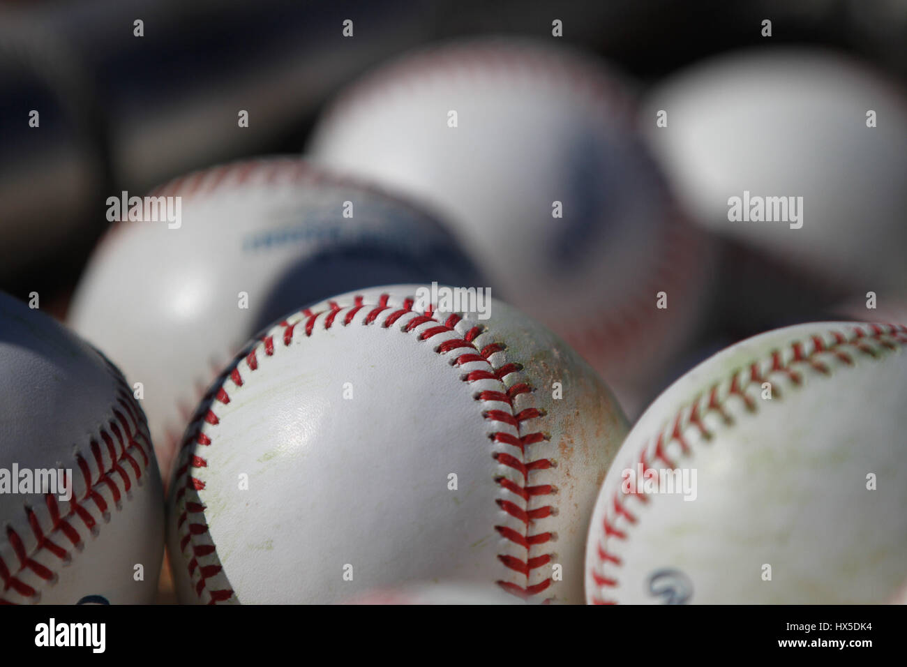 Baseball Balls of Major League Baseball in Training Royals of Kansas City r at the Surprise Recreation Complex of Arizona. Stock Photo