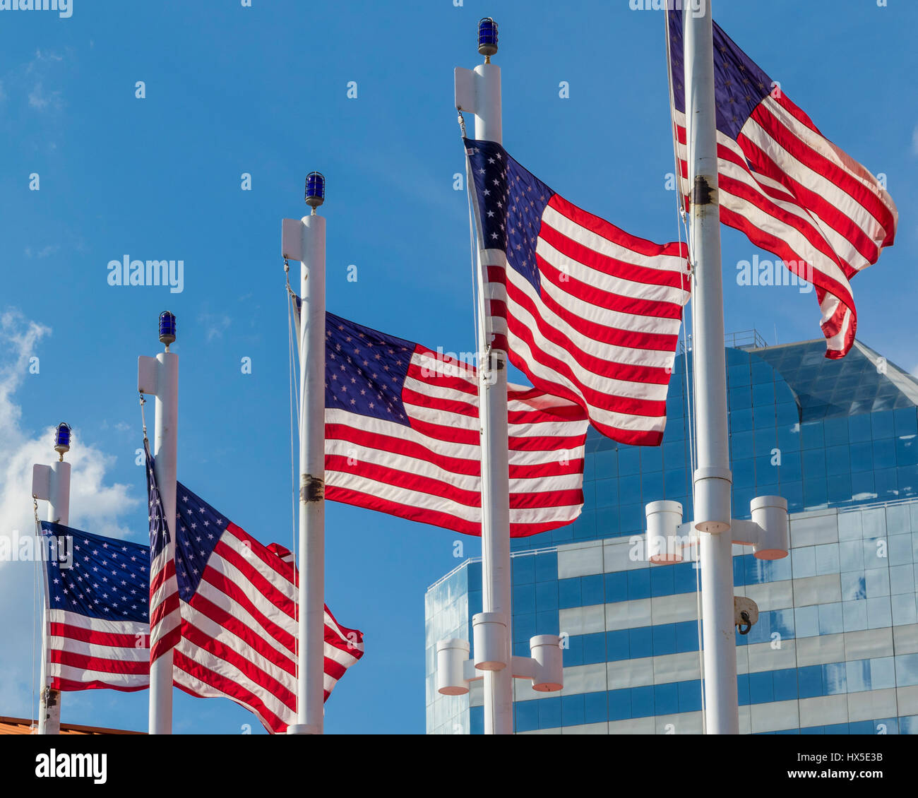 US Flags in front of Jacksonville Landing in downtown Jacksonville