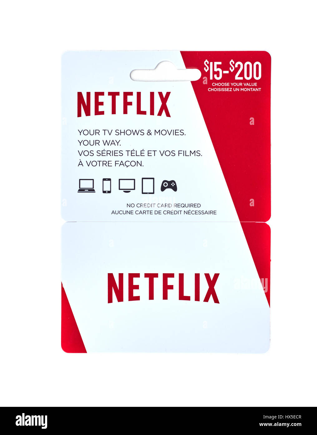 MONTREAL, CANADA - MARCH 10, 2017 : Netflix popular giftcard. The card is a prepaid stored-value money card issued to be used as an alternative to cas Stock Photo