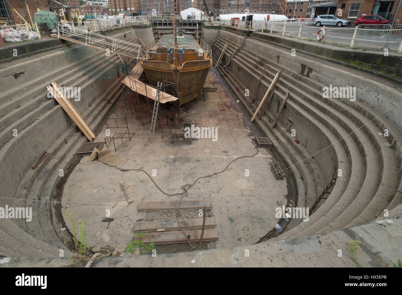 Work in progress on repairing and restoring unpowered barge Sabrina 5