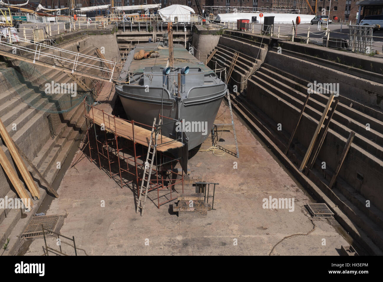 Work in progress on repairing and restoring unpowered barge Sabrina 5
