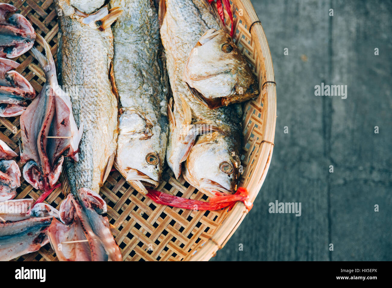 Dried salted fish in bamboo basket at Tai O Village, Lantau Island