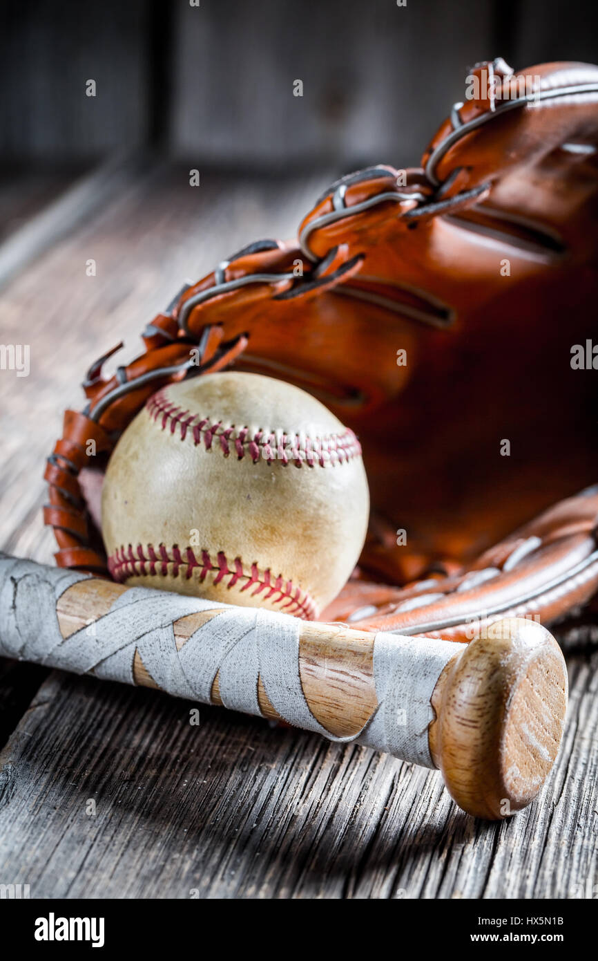 Vintage baseball bat and glove with ball Stock Photo Alamy