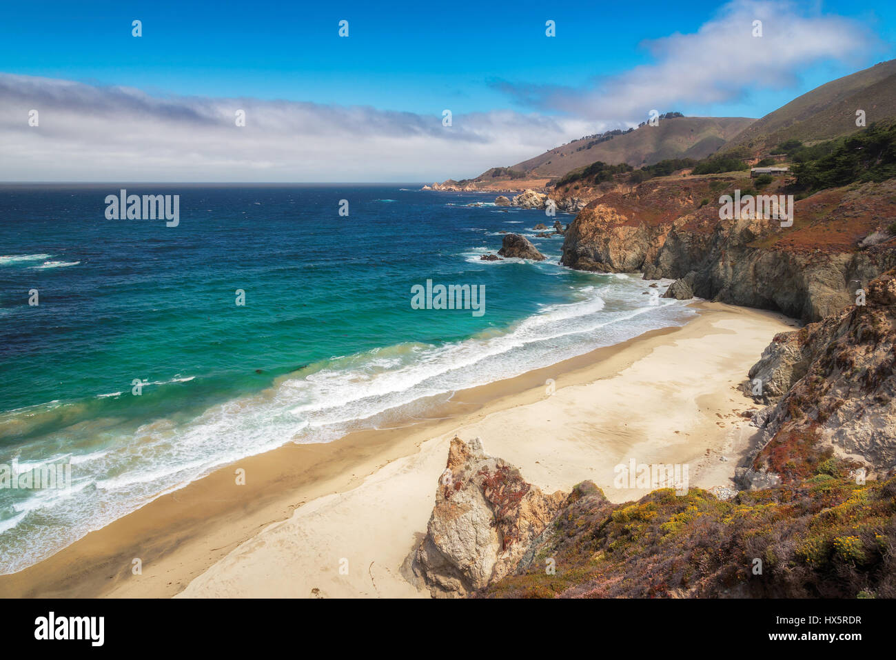 Beautiful View of the California beach,  Pacific coastline, near State Road 1. Stock Photo