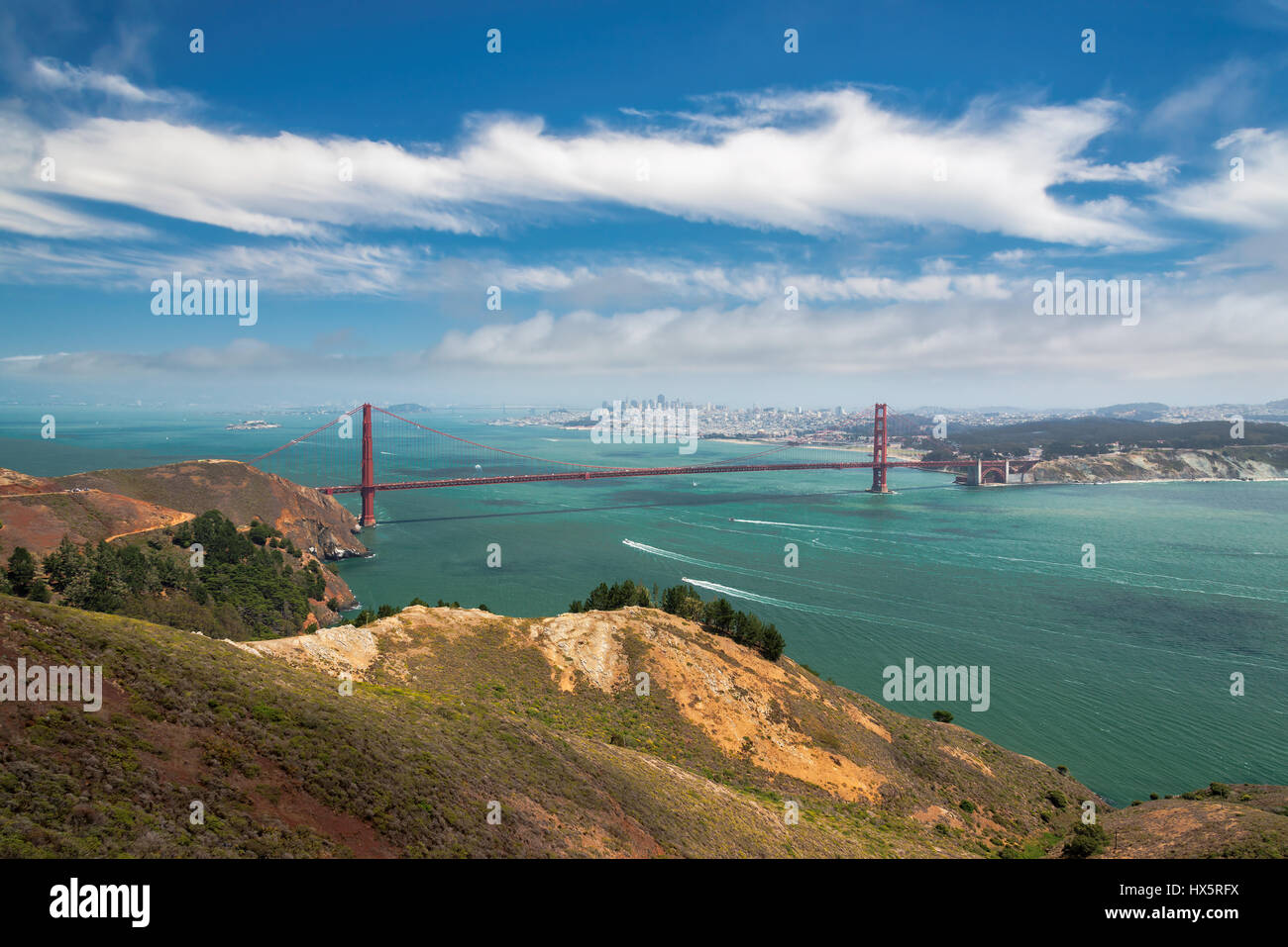 San Francisco skyline and Golden Gate Bridge, California. Stock Photo