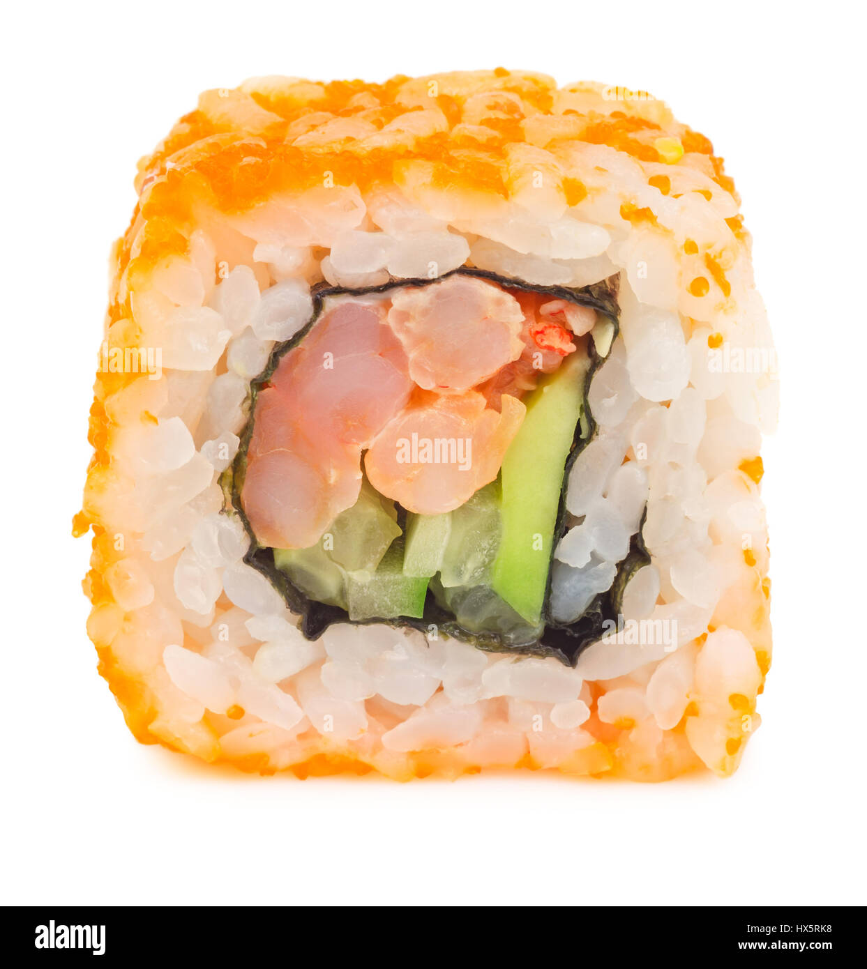 Asian Japanese food. Sushi roll with shrimp, avocado, cucumber, caviar and seaweed. Close up front view isolated on white background. Stock Photo