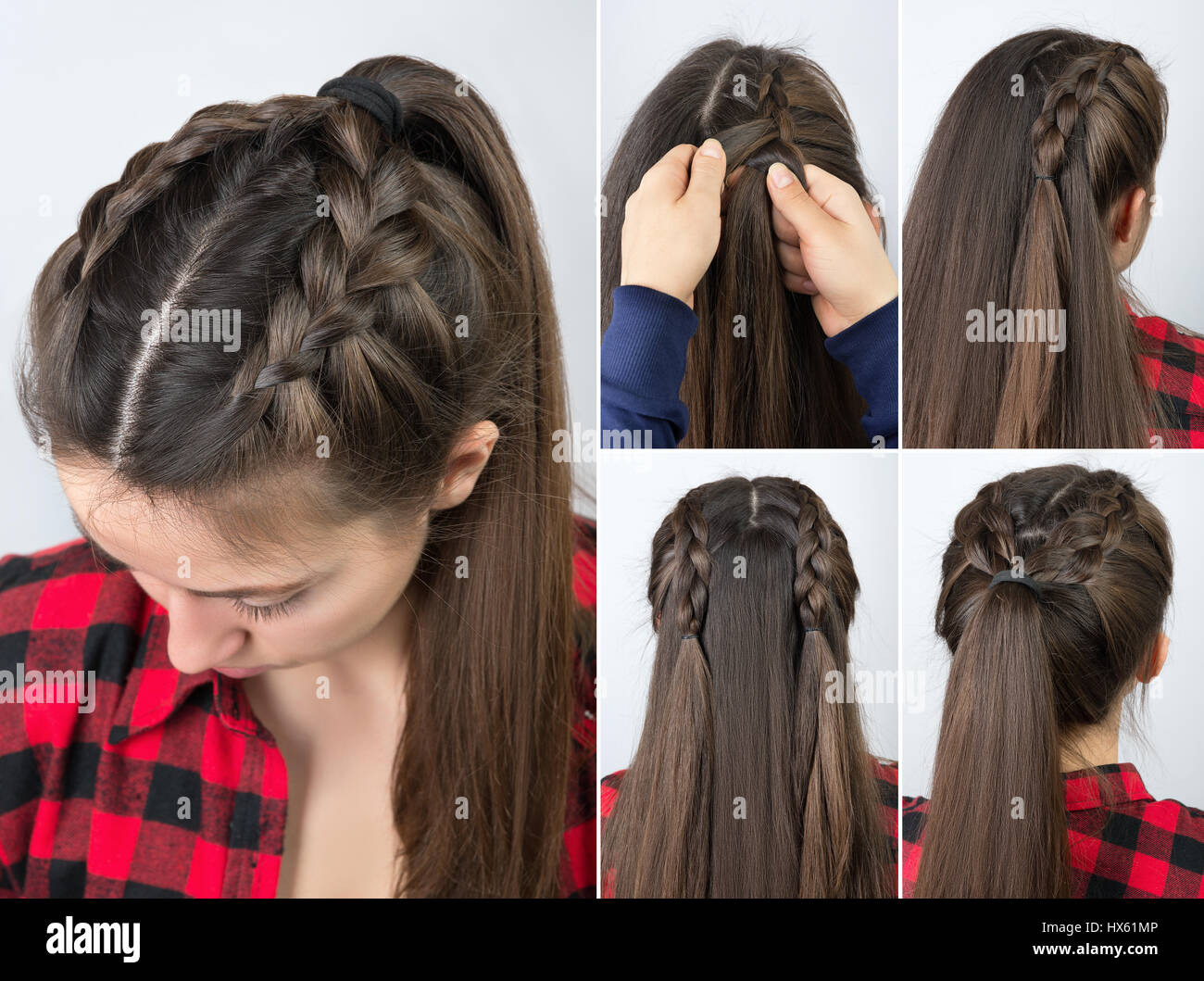 simple braided hairstyle tutorial step by step. Easy hairstyle for long hair.  Pony tail with braid. Hair tutorial Stock Photo - Alamy