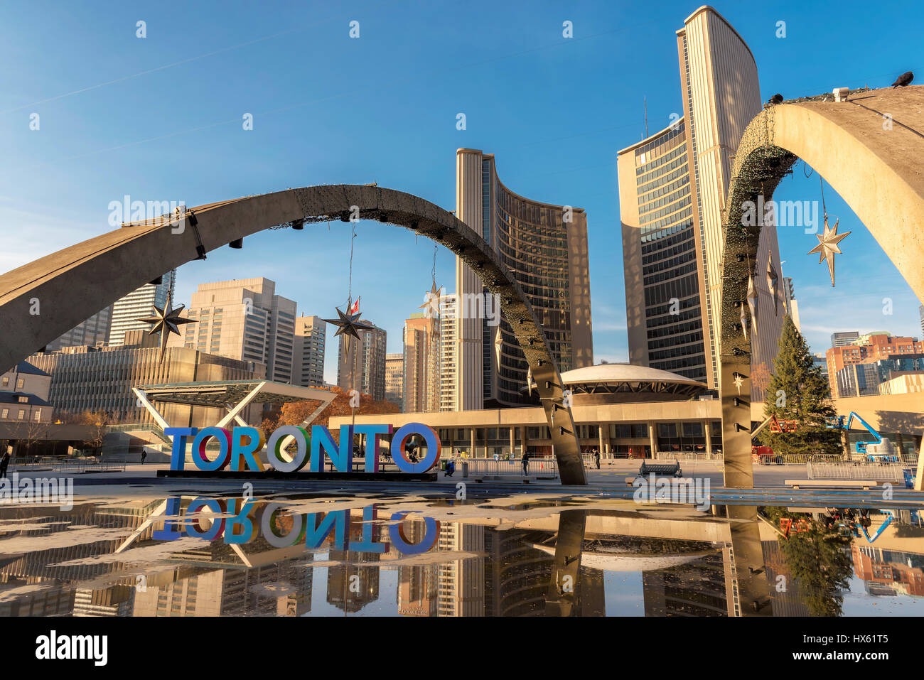 Toronto City Hall on Nathan Phillips Square at sunset, Canada. Stock Photo