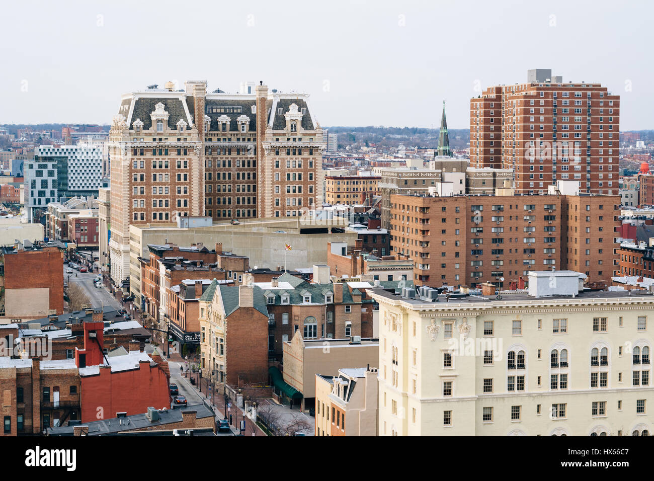 View of buildings along Charles Street in Mount Vernon, Baltimore, Maryland. Stock Photo