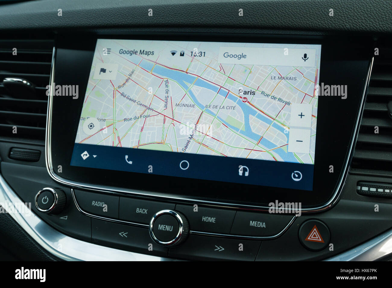 Android Auto Maps Navigation Car Vehicle Interface Showing Paris, France Stock Photo