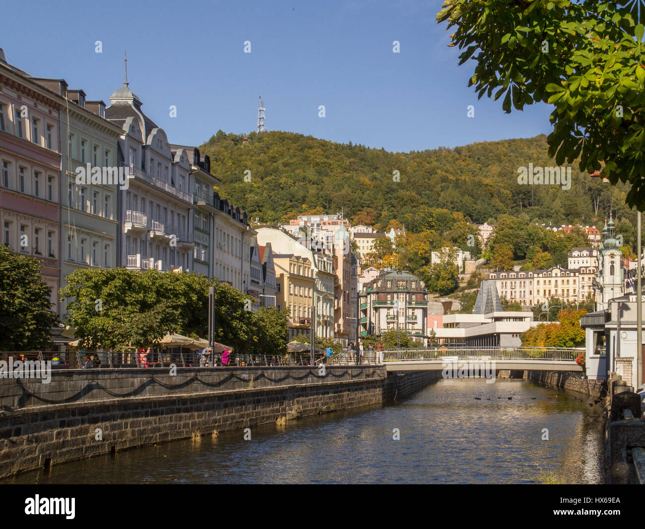 Karlovy Vary,Czech Republic - October 01: Tepla river Promenade on  October 01, 2015 in Karlovy Vary. Karlovy Vary historically famous for its hot spr Stock Photo