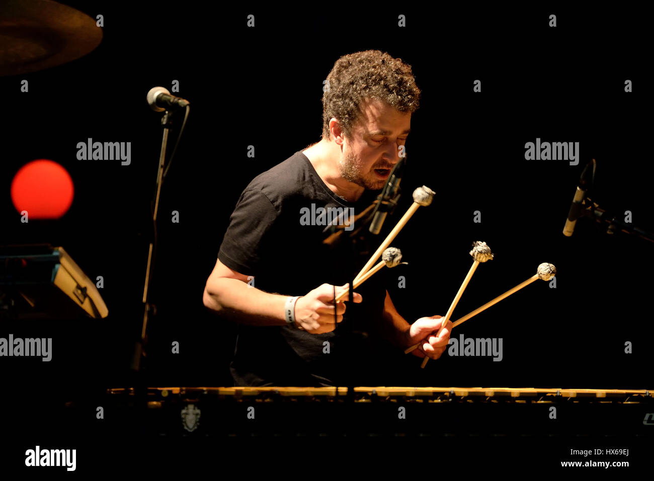 BARCELONA JAN 29 The xylophone player of The New Raemon (Spanish band) in concert at Apolo