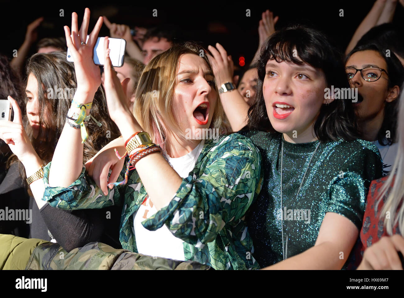 BARCELONA - FEB 6: The crowd cheering in a concert at Razzmatazz stage on February 6, 2016 in Barcelona, Spain. Stock Photo