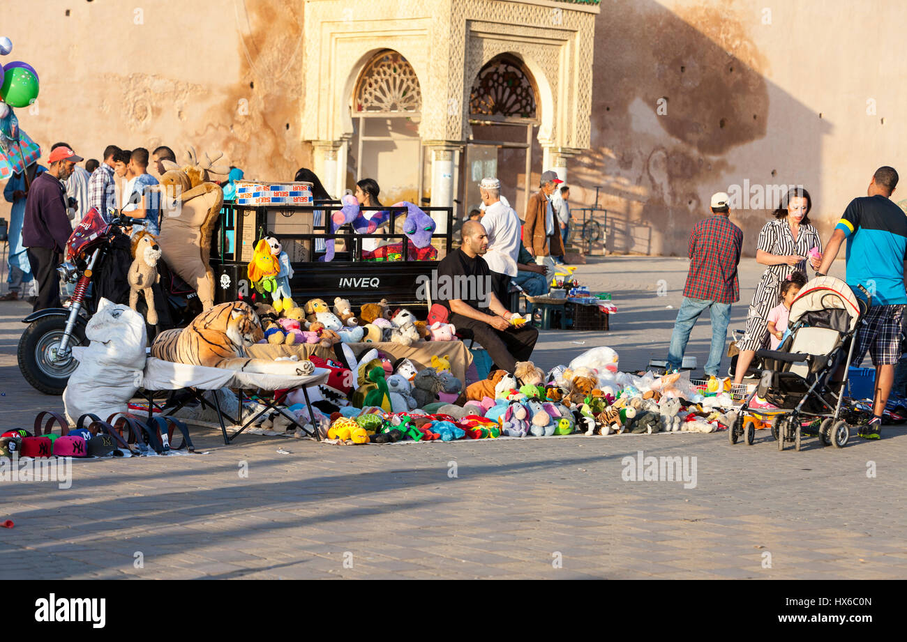 Meknes, Morocco.  Vendor of Stuffed Animals in the Place Hedime. Stock Photo
