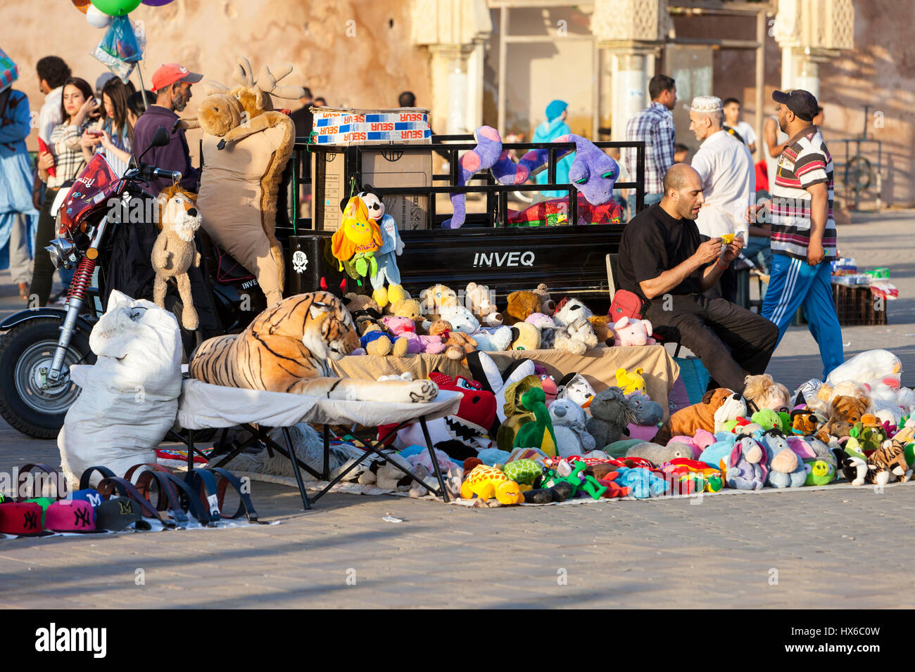 Meknes, Morocco.  Vendor of Stuffed Animals in the Place Hedime. Stock Photo