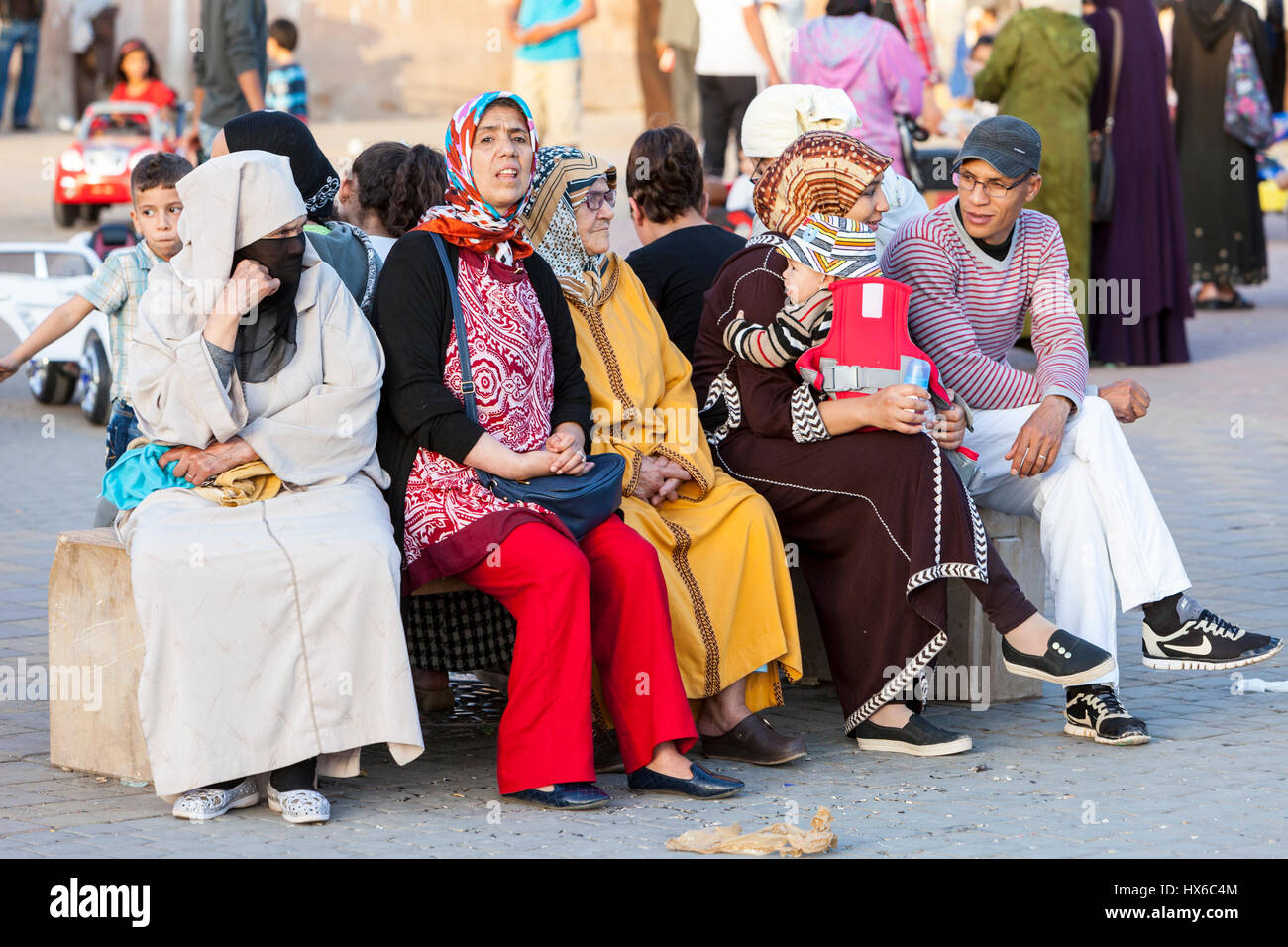 Meknes, Morocco.  Women Sitting, Talking in the Place Hedime. Stock Photo