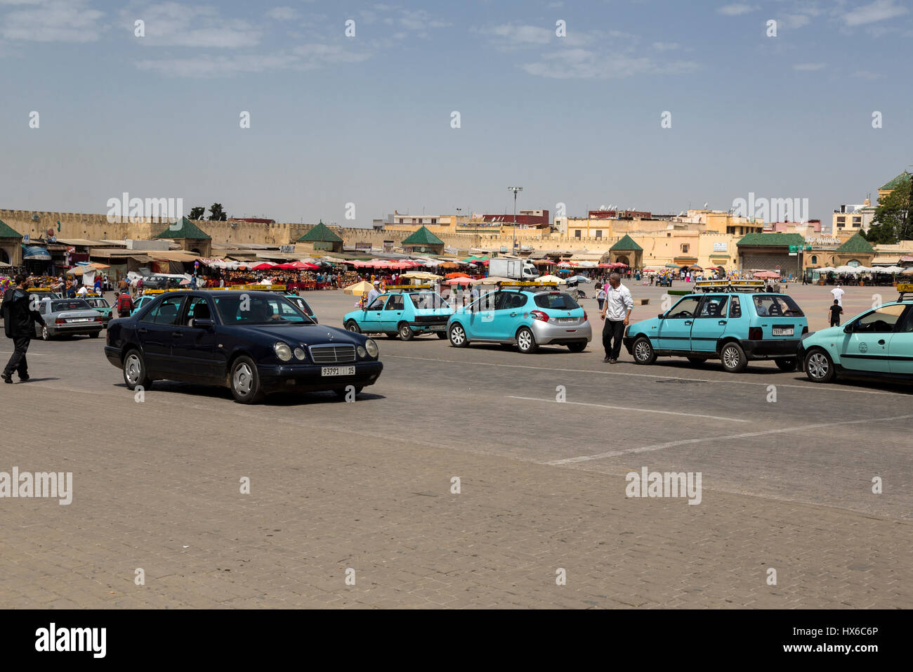 Meknes, Morocco.  Petit Taxis at the Place Hedime. Stock Photo