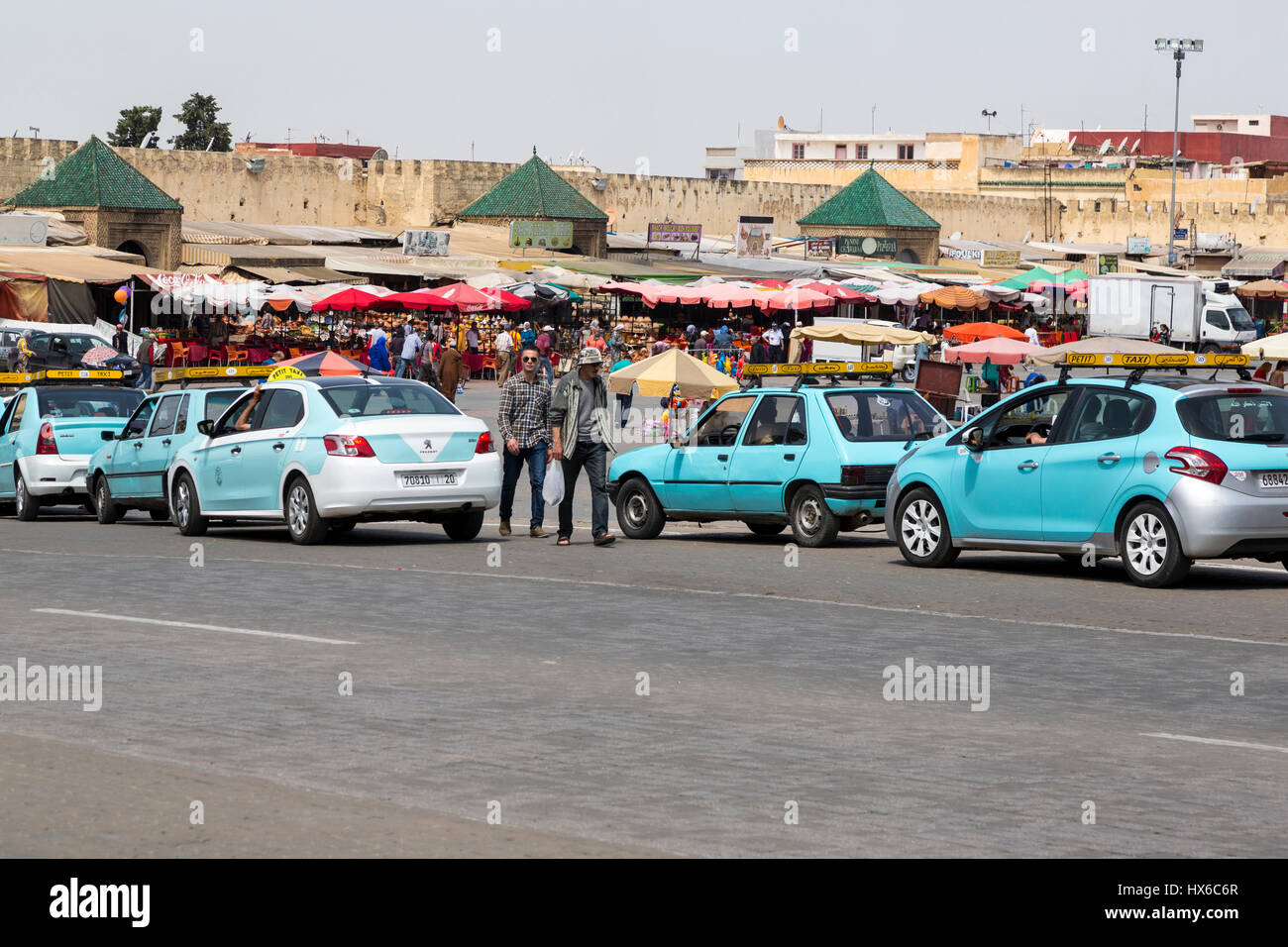 Meknes, Morocco.  Petit Taxis at the Place Hedime. Stock Photo