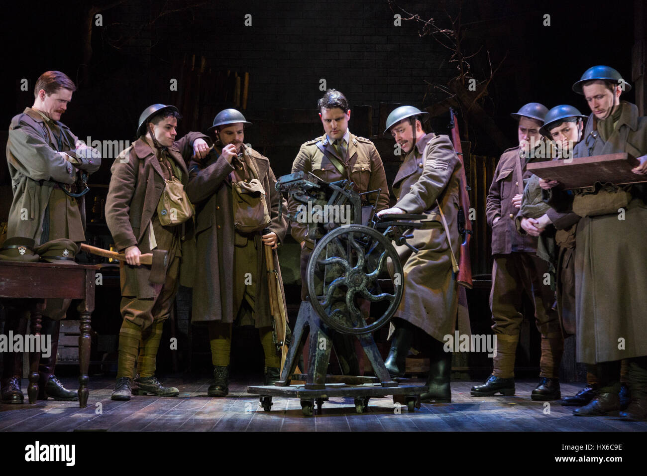 London, UK. 24 March 2017. Ian Hislop and Nick Newman’s The Wipers Times tells the true and extraordinary story of the satirical newspaper created in the mud and mayhem of the Somme. Following a sell-out tour, The Wipers Times transfers to the Arts Theatre from 21 March to 13 May 2017. Cast: Kevin Brewer (Henderson), Clio Davies (Nurse / Madame Fifi / Lady Somersby), Sam Ducane (Lieutenant Colonel Howfield), James Dutton (Captain Roberts), George Kemp (Lieutenant Pearson), Peter Losasso (Dodd), Ross McLaren (Smith/Bobbing Bobby/Chaplain), Jake Morgan (Barnes), Dan Tetsell (Deputy Editor / Gene Stock Photo