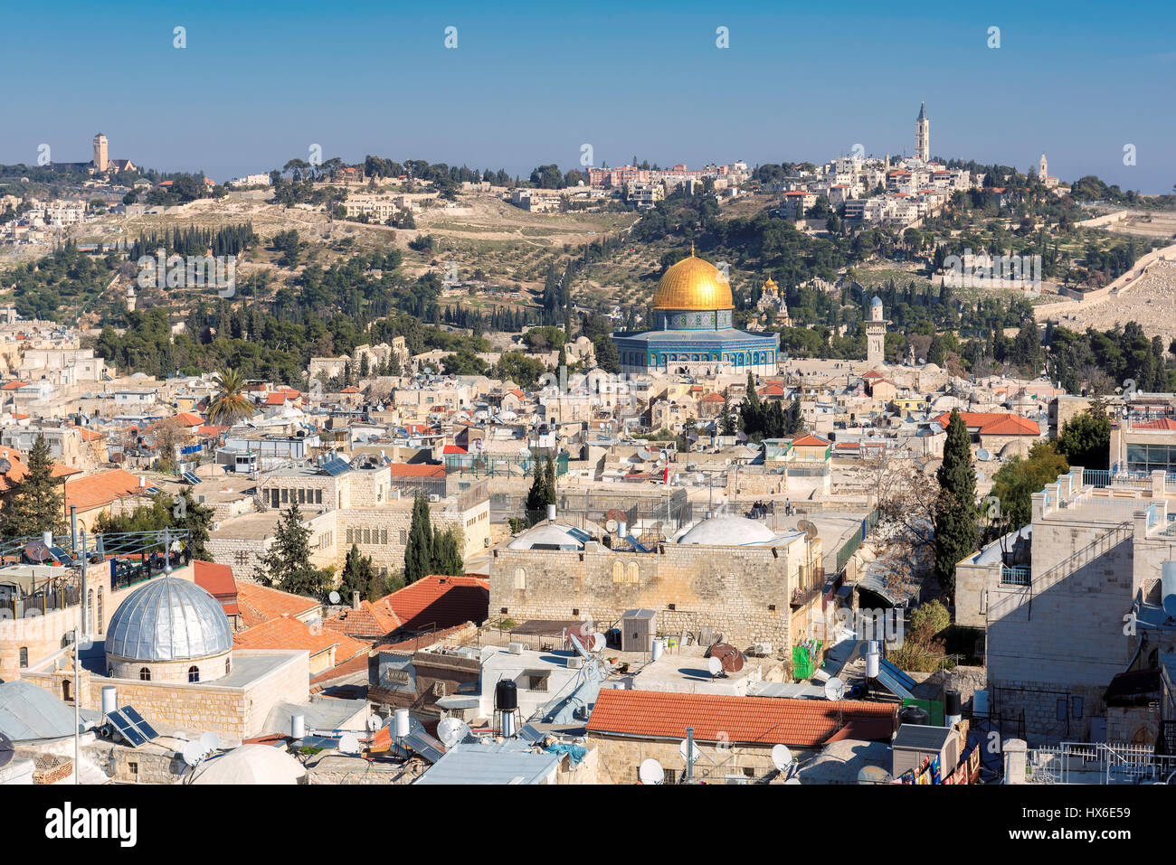 Aerial view to Jerusalem Old city, the Temple Mount, Dome of the Rock and Mount of Olives in Jerusalem, Israel. Stock Photo