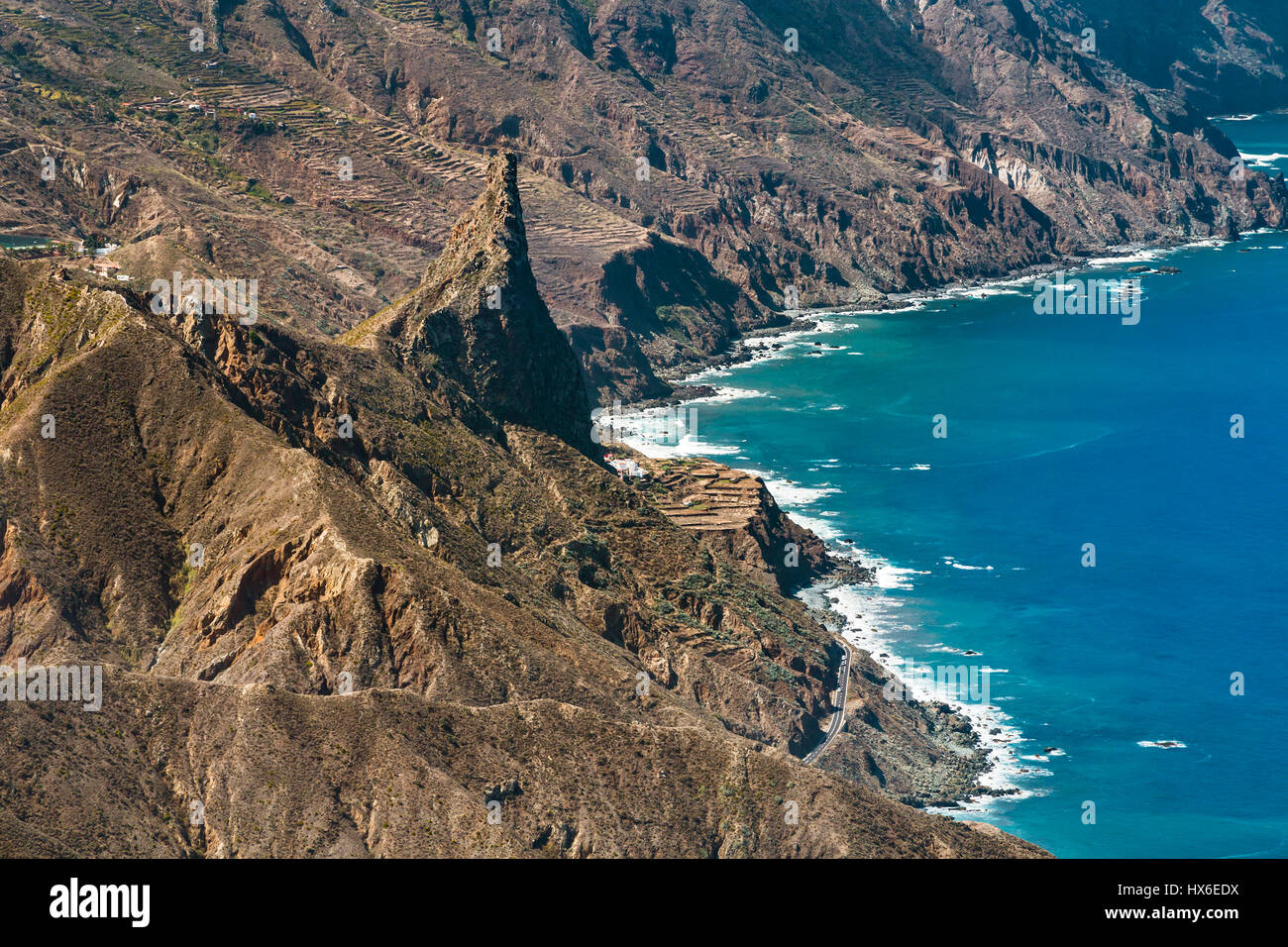 View from the Anaga mountains down to the Roque de Enmedio. Tenerife, Spain. Stock Photo