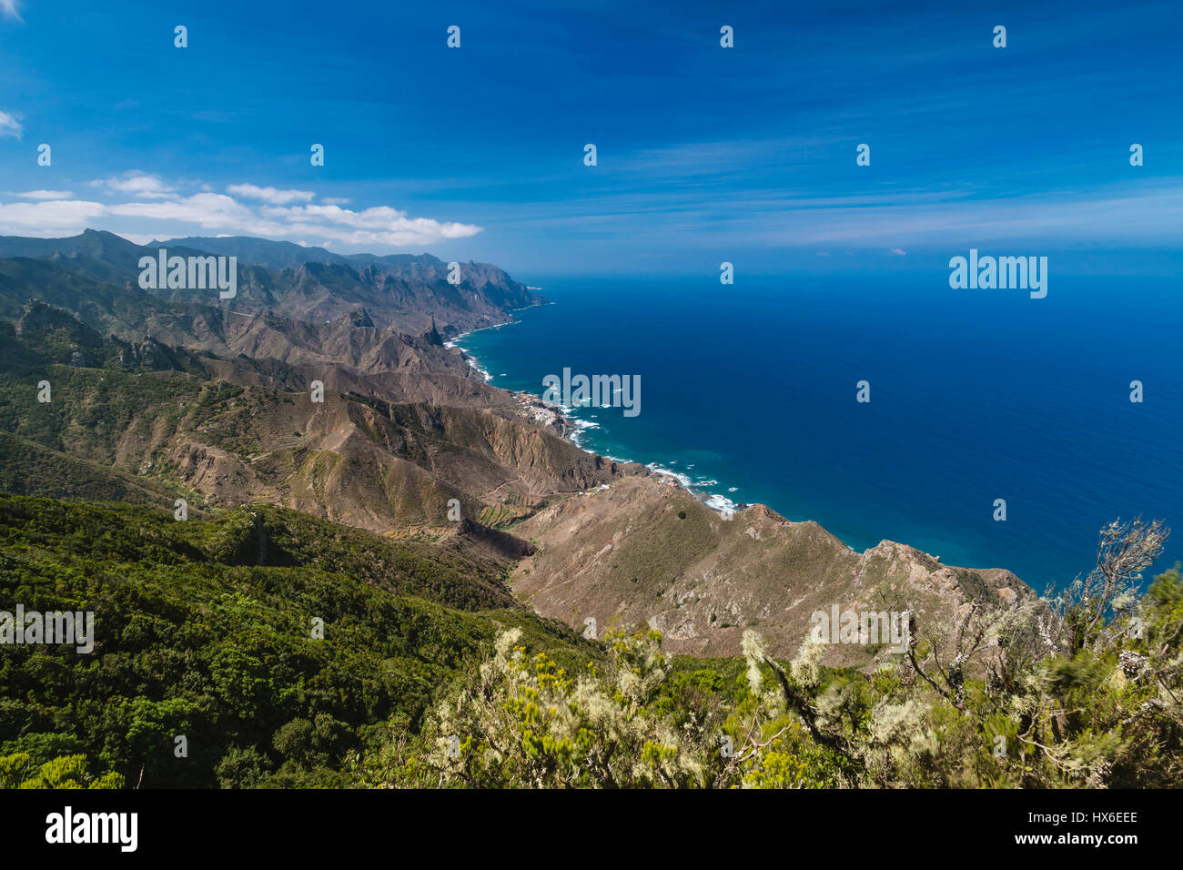 View from the Anaga mountains down to the coast at Almaciga in Tenerife, Spain. Stock Photo