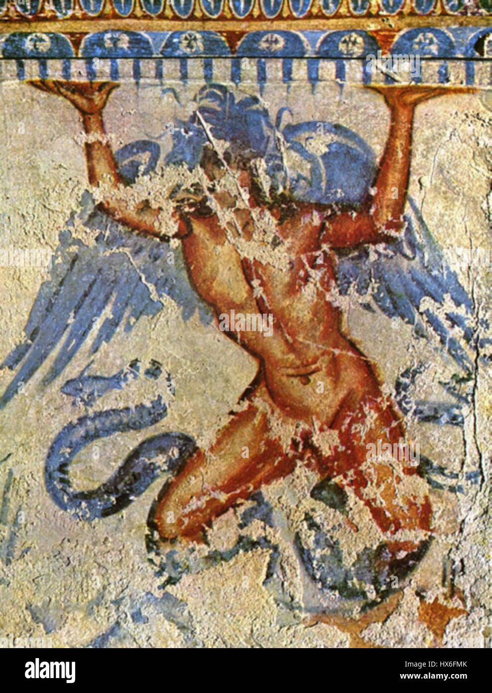 The *Typhoeus Etrurian Fresco* depicts the mythical giant Typhoeus, a monstrous figure in Greek mythology, known for his challenge to the gods. The fresco likely portrays Typhoeus's violent confrontation with the gods, rendered in vibrant colors typical of ancient Etruscan art. Stock Photo