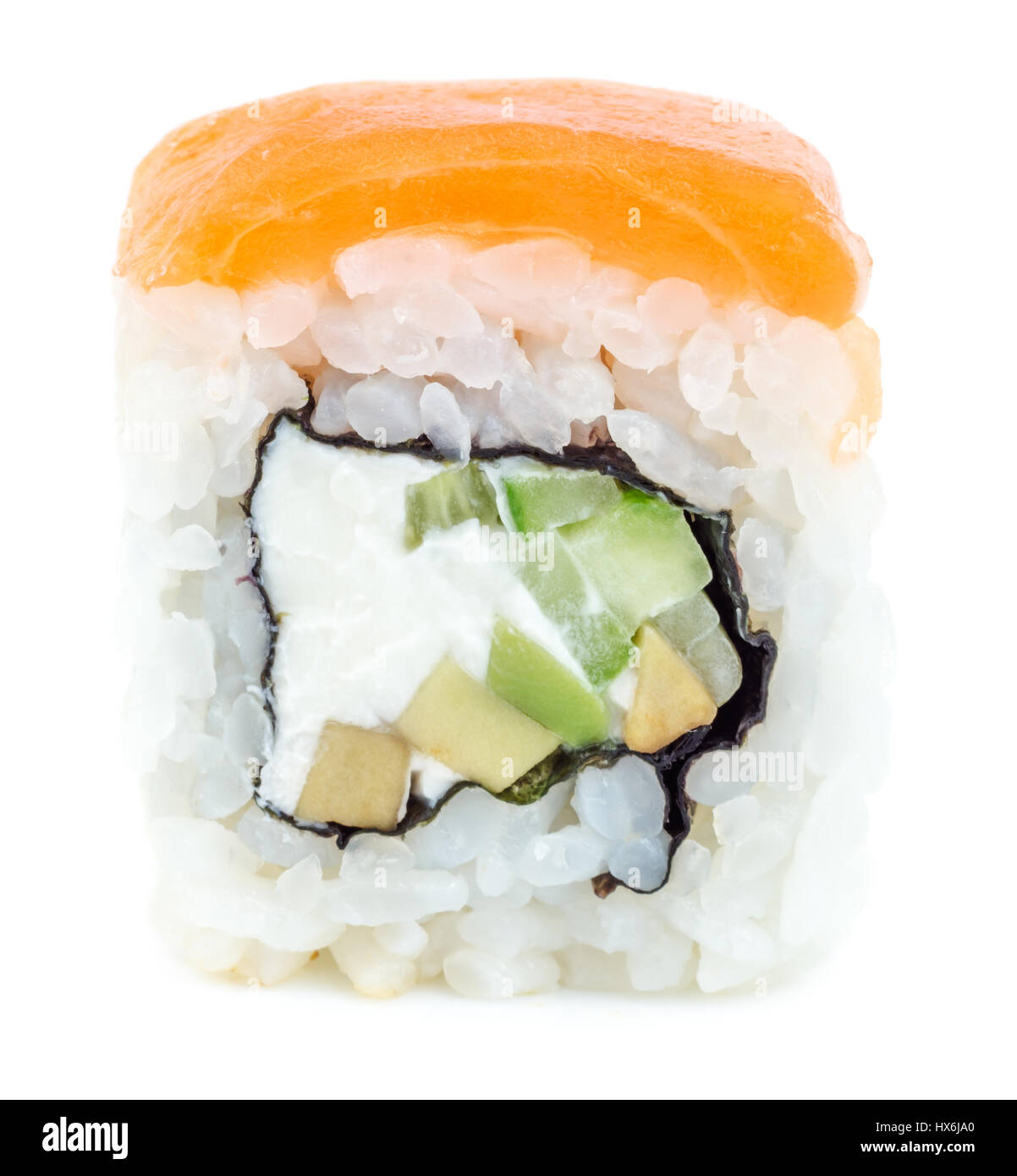 Asian Japanese food. Sushi roll with salmon, cheese, avocado and cucumber. Close up front view isolated on white background. Stock Photo